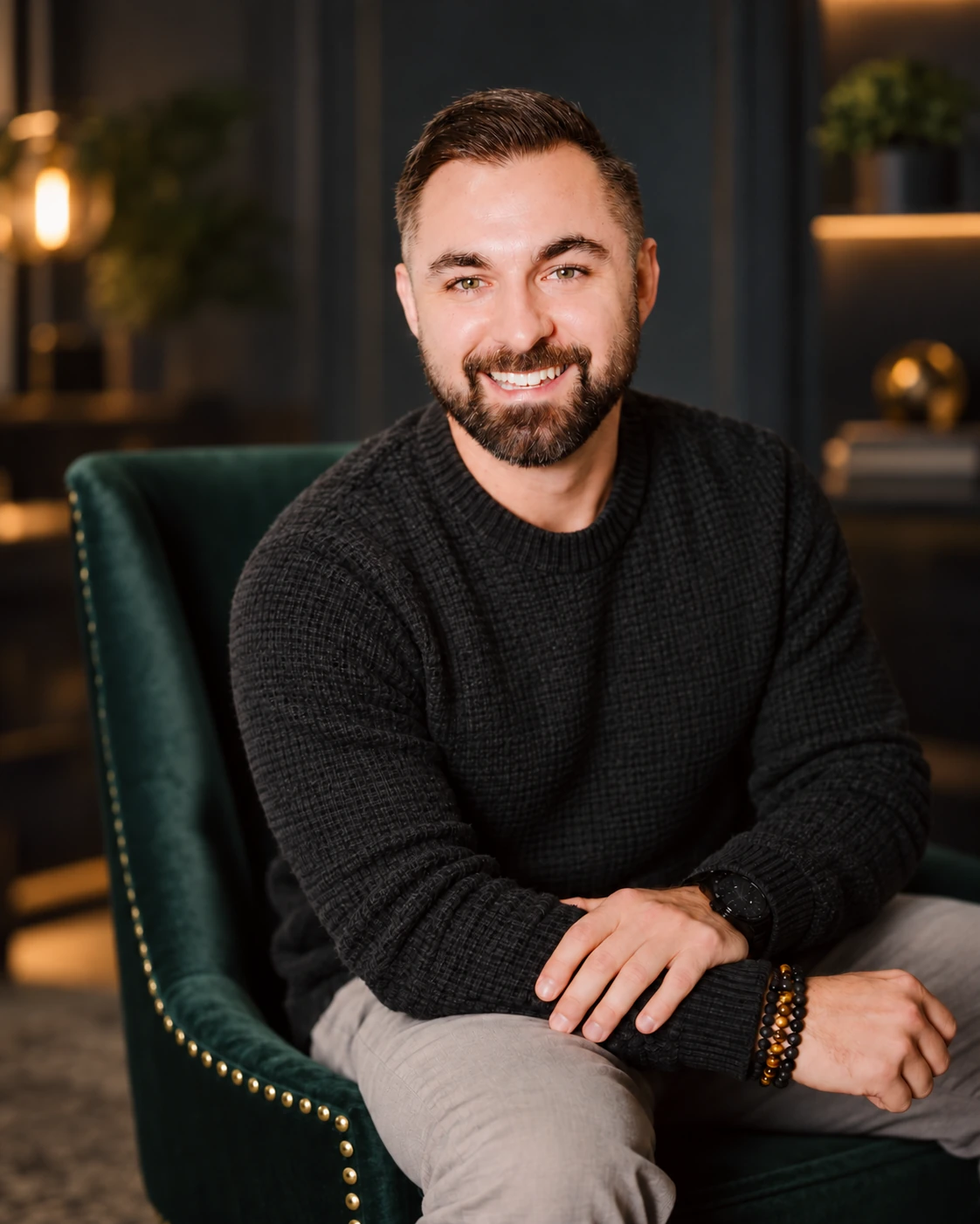 Kevin DeMara smiling while seated in a green chair, wearing a dark knit sweater.