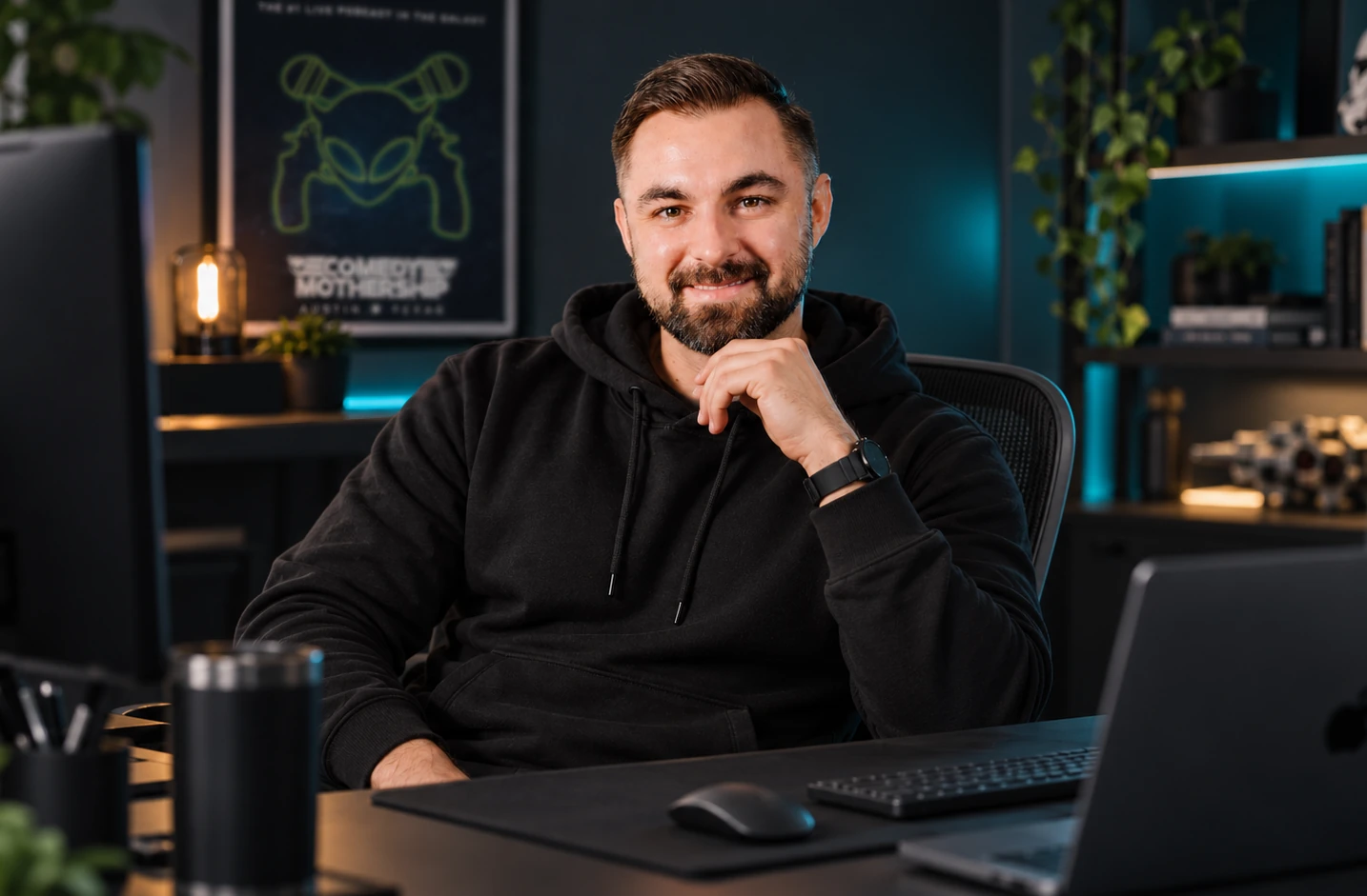 Kevin DeMara seated at a multi-monitor desk in a black hoodie.