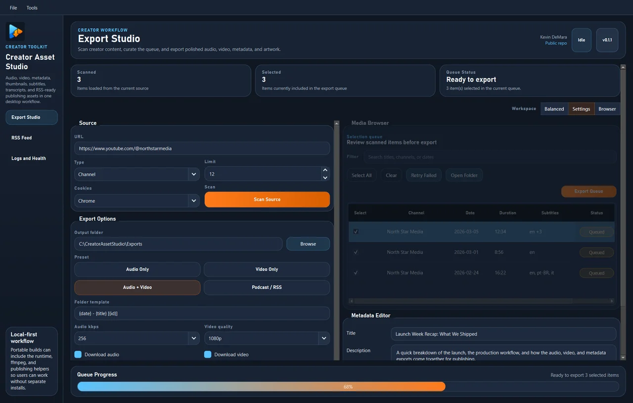 Creator Asset Studio repository screenshot of the export workflow.