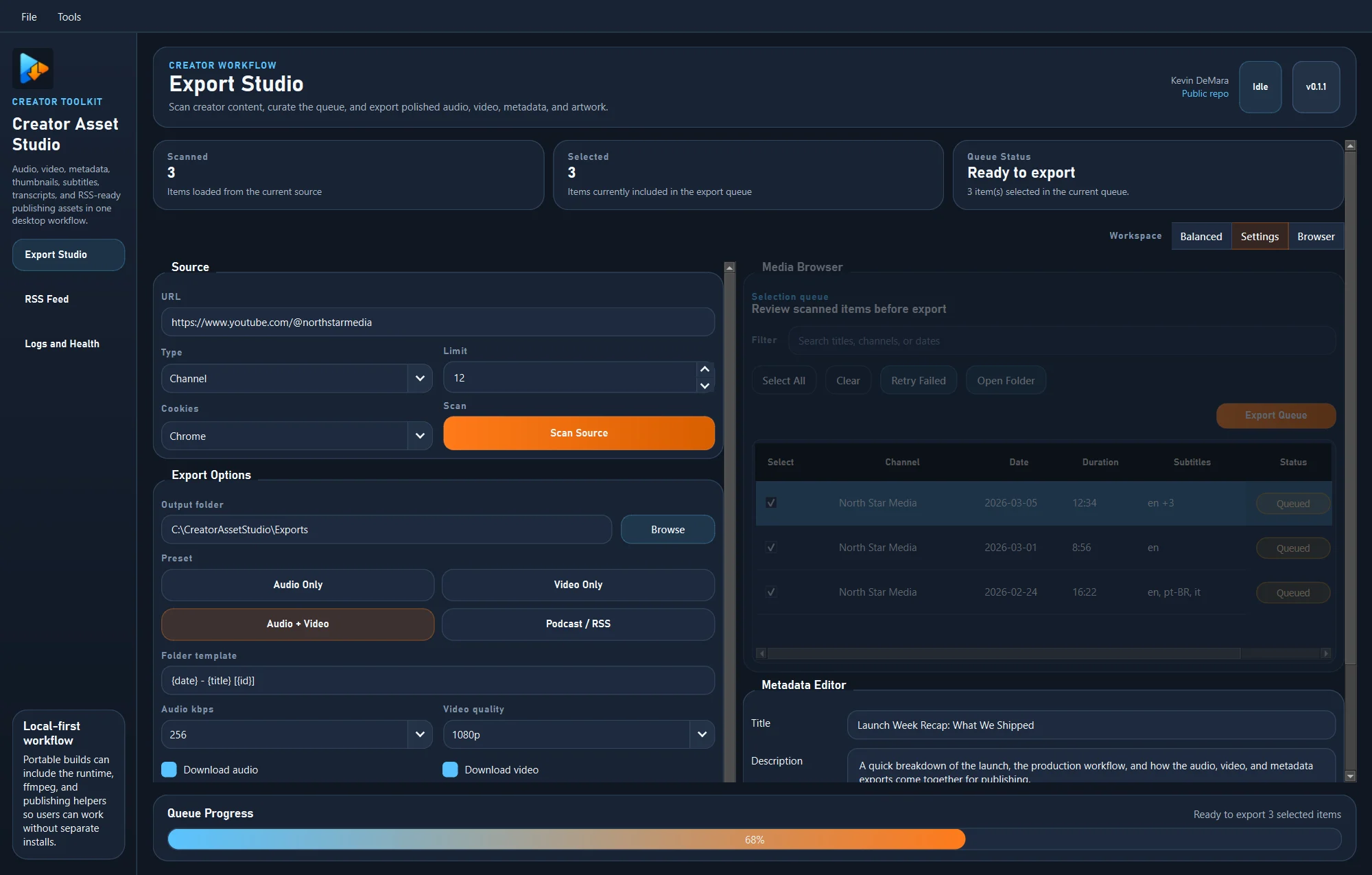 Creator Asset Studio repository screenshot of the export workflow.