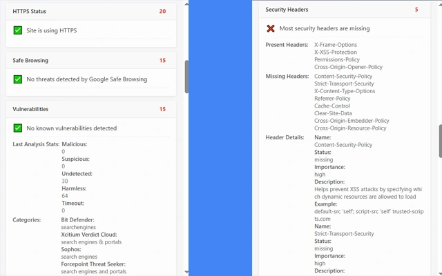 Website Security Scanner sample report with HTTPS, Safe Browsing, vulnerability and security-header sections.