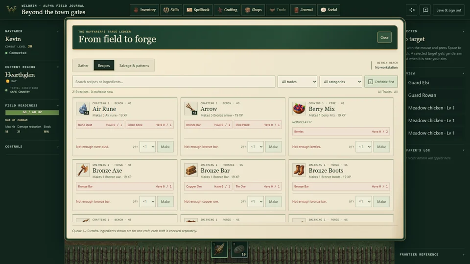 Wildrim crafting interface with recipe categories, ingredient requirements and craft controls.