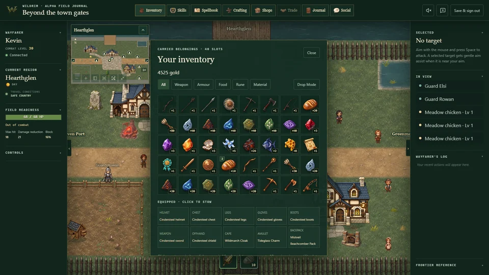 Wildrim inventory and equipment interface showing Cindersteel armour on the showcase character.