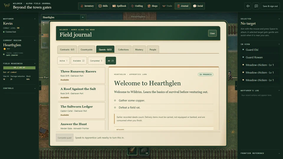 Wildrim field journal showing quests and their objectives.