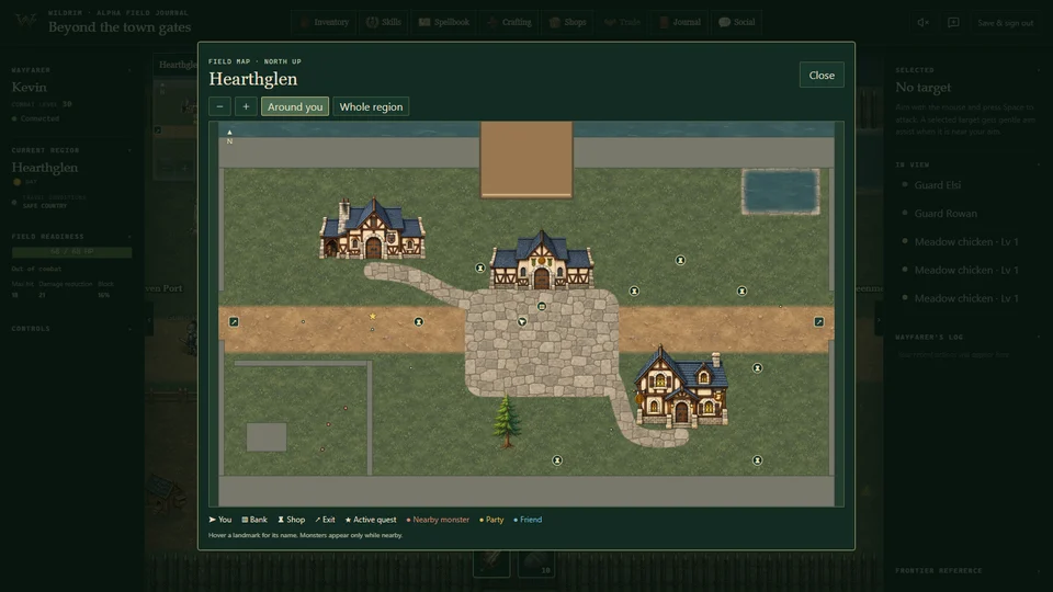 Wildrim map of Hearthglen with bank, shop, exit and quest markers.