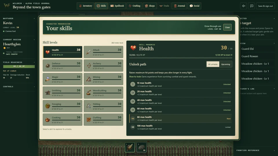 Wildrim's twelve-skill progression screen, with Health selected and its unlock path visible.