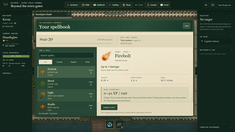 Wildrim spellbook showing the selected spell, its description and preparation controls.