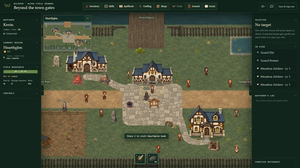 Wildrim gameplay: Kevin's character in the Hearthglen town square.