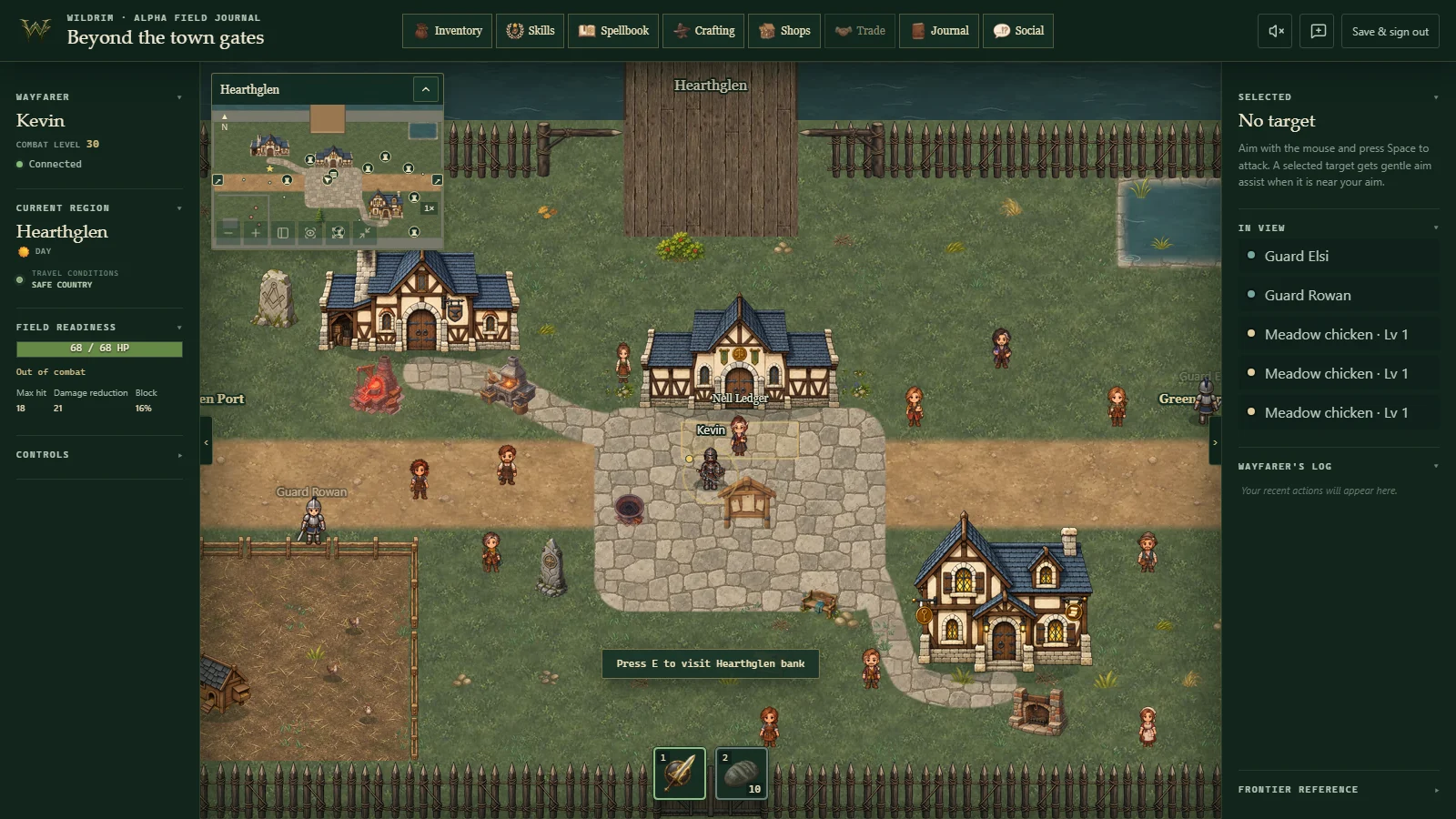 The Hearthglen town square in Wildrim, with shops, villagers, a bank and Kevin's armoured character.