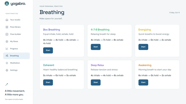 Yogabro breathing screen with six patterns and their inhale, hold and exhale timings.