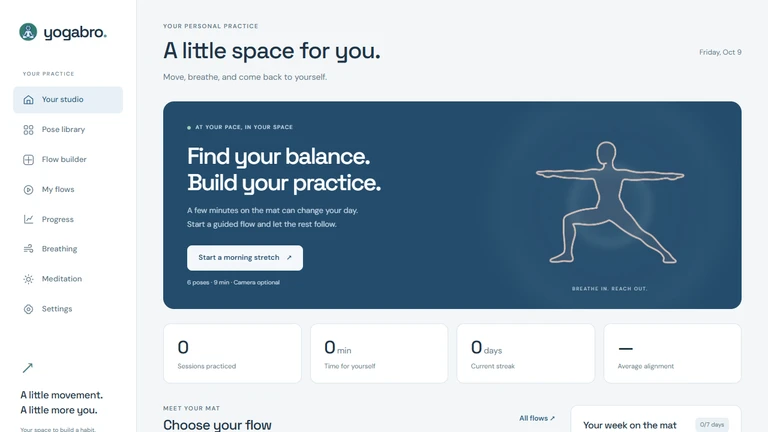Yogabro's desktop studio with guided yoga flows and practice insights.