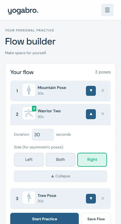 Mobile flow builder with Mountain, Warrior Two and Tree poses.